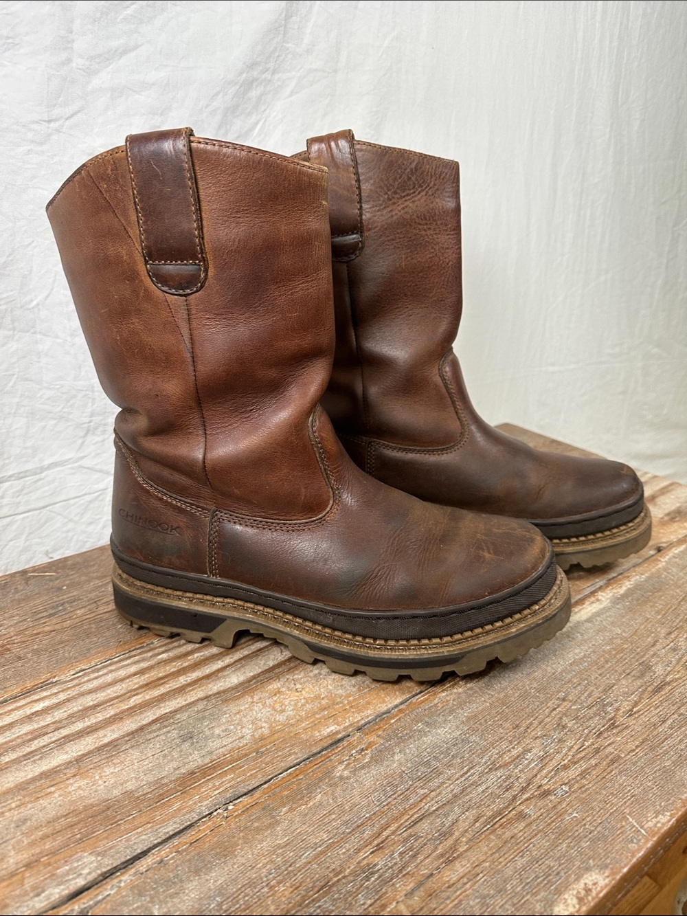 Chinook Brown Leather Pull-On Work Boots with Lug Sole
